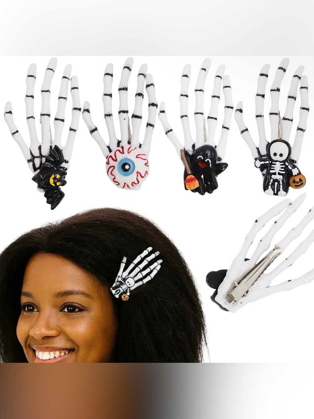 4pc Halloween Skeleton Hands Resin Metal Alloy Barrette Pinch Hair Clips NEW